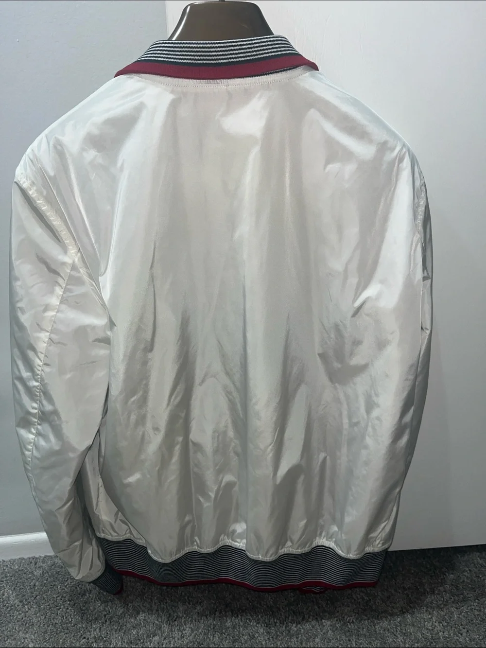 Gucci White Bomber Jacket with Navy-Striped and Red Trim